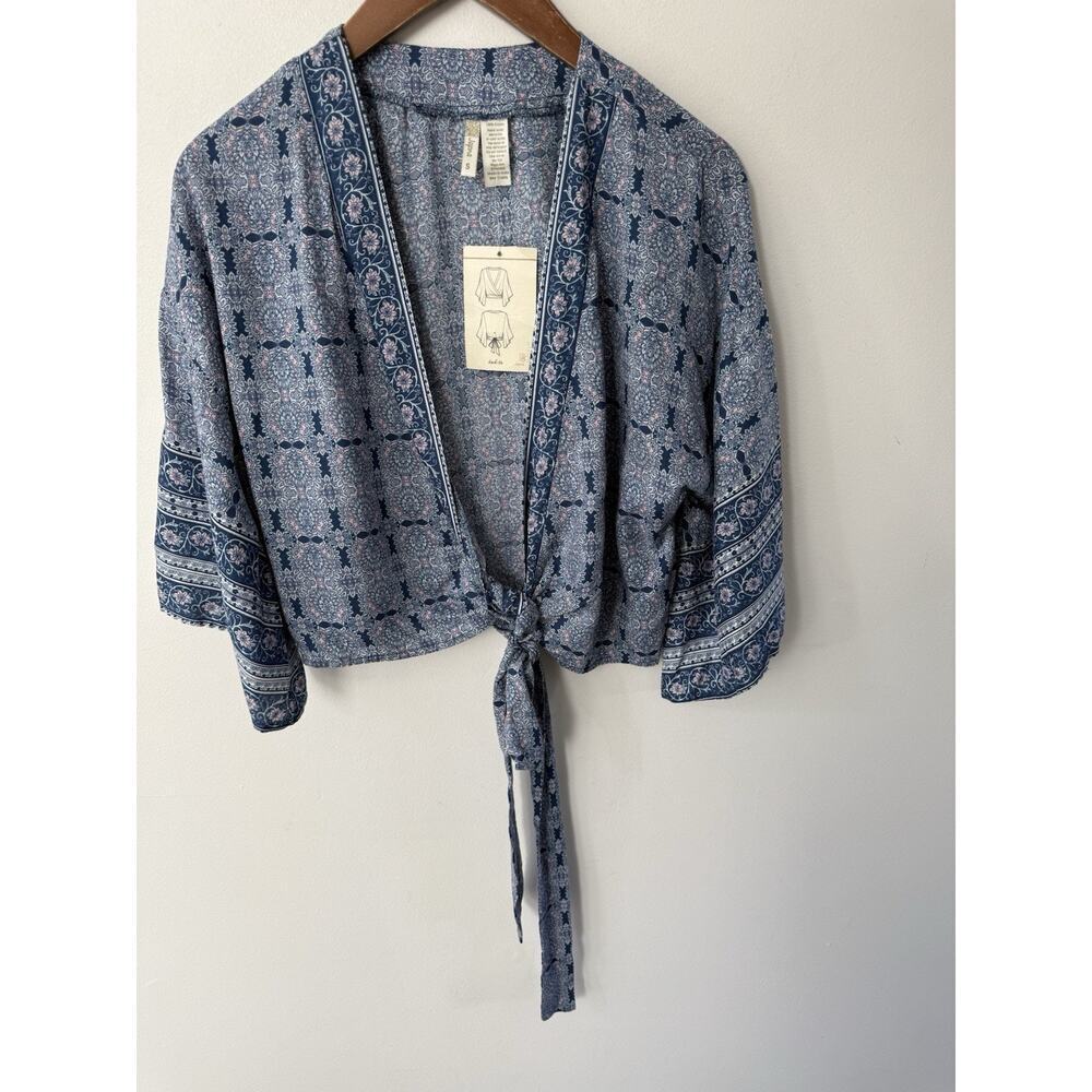 Japna Boho Kimono Style Top Blue Tie Size S Cropped Hippie Festival Travel New